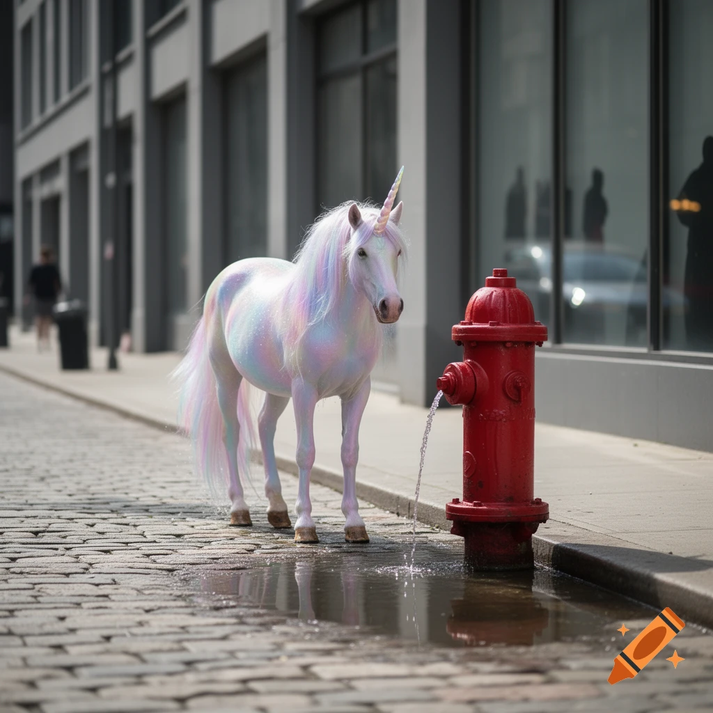 A photorealistic glittery unicorn with a rainbow mane stands on a cobblestone street next to a red fire hydrant spraying water.
