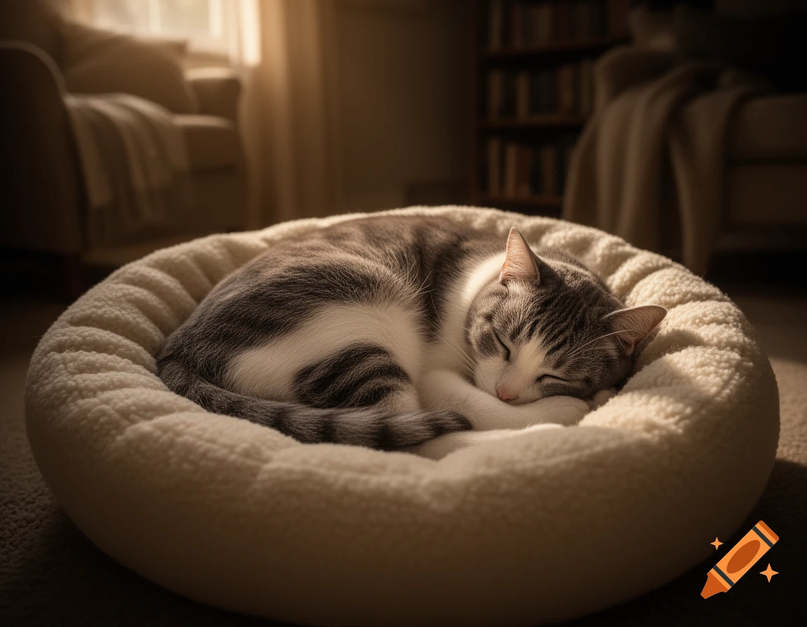 A grey and white tabby cat curled up asleep in a plush, cream-colored cat bed, bathed in warm sunlight.