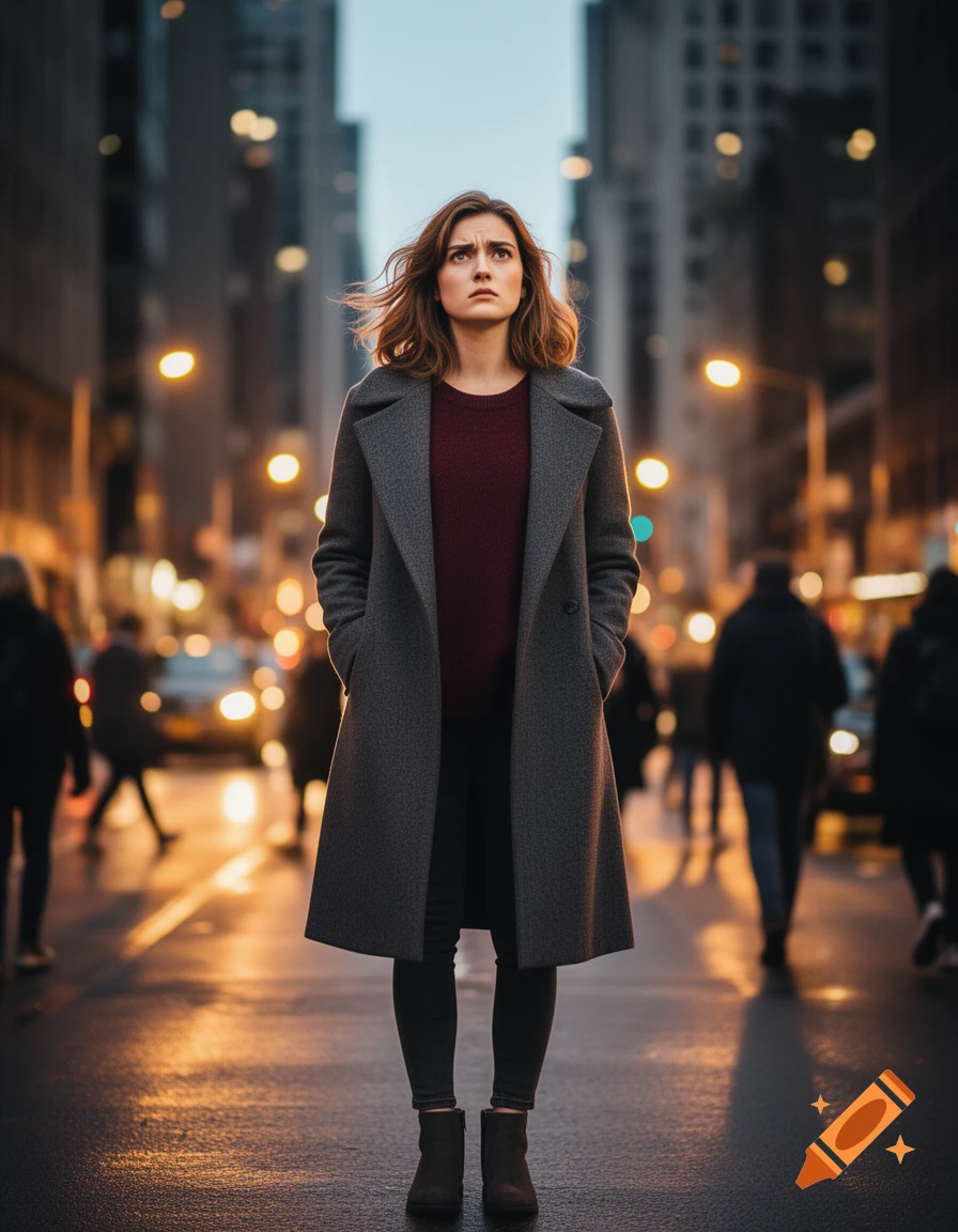 A woman with a serious expression in a gray coat stands in the middle of a bustling city street at dusk, looking up.
