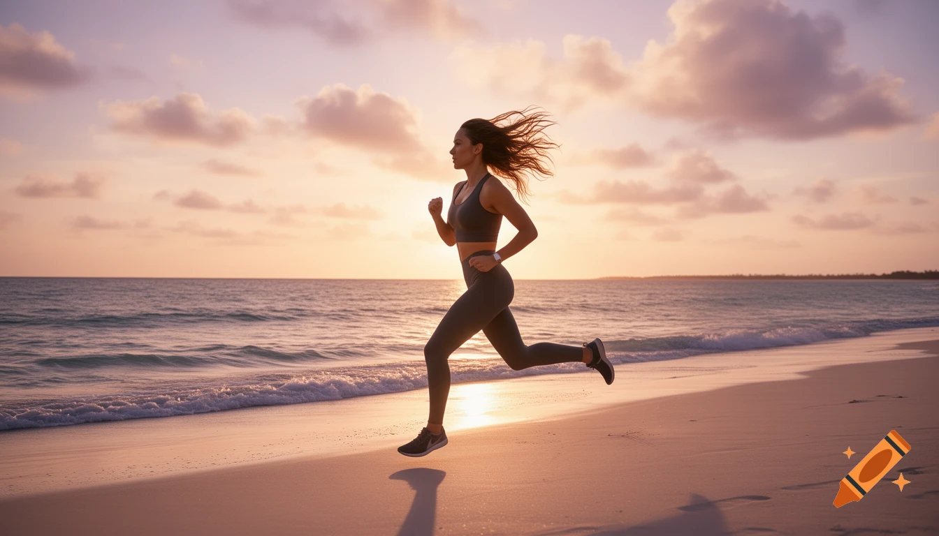 A woman runs along a sandy beach at sunset, with the ocean in the background and a colorful sky.