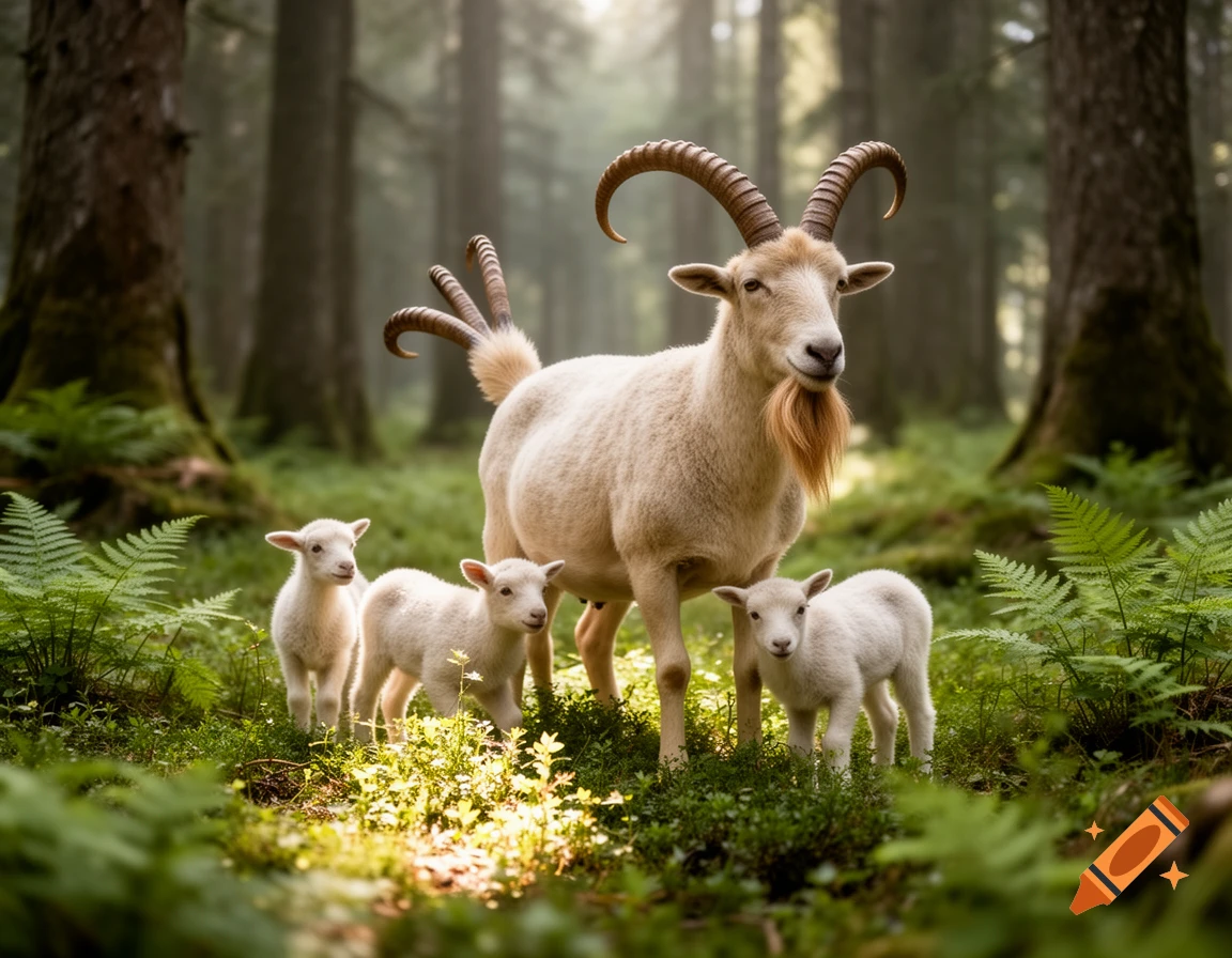 A large goat with a beard and curved horns stands in a sun-dappled forest, surrounded by three young lambs.
