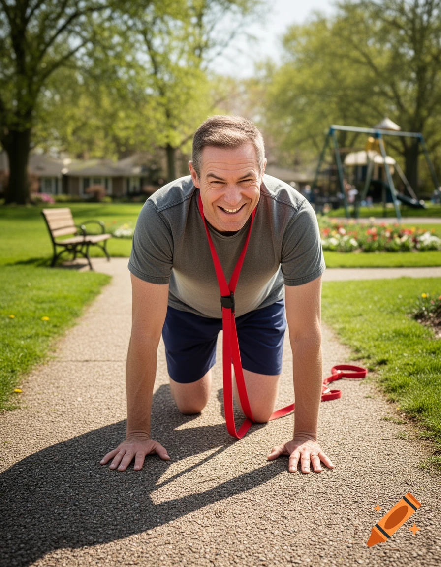 A smiling man on all fours with a red leash around his neck in a sunny park with trees and a playground in the background.