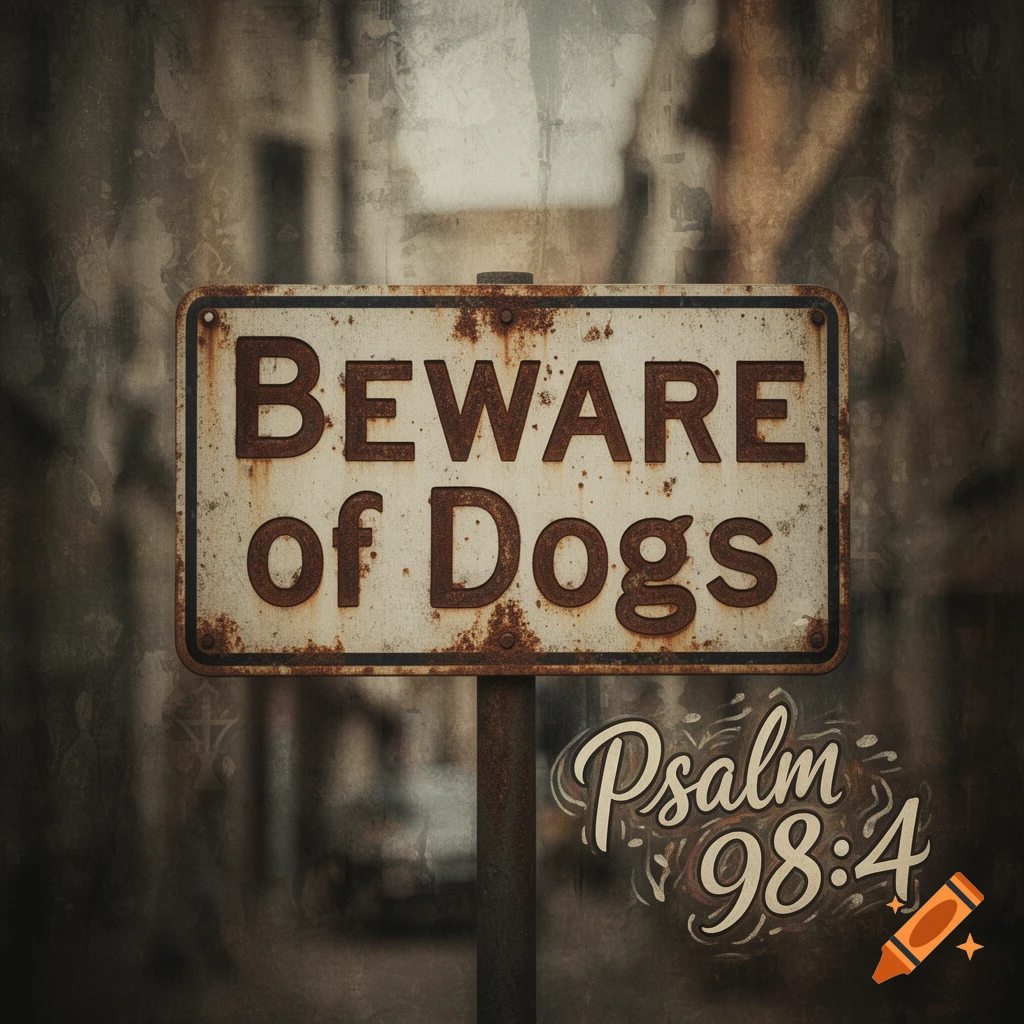 A grungy, artistic print featuring a rusty 'Beware of Dogs' sign above 'Psalm 98:4' in decorative script.