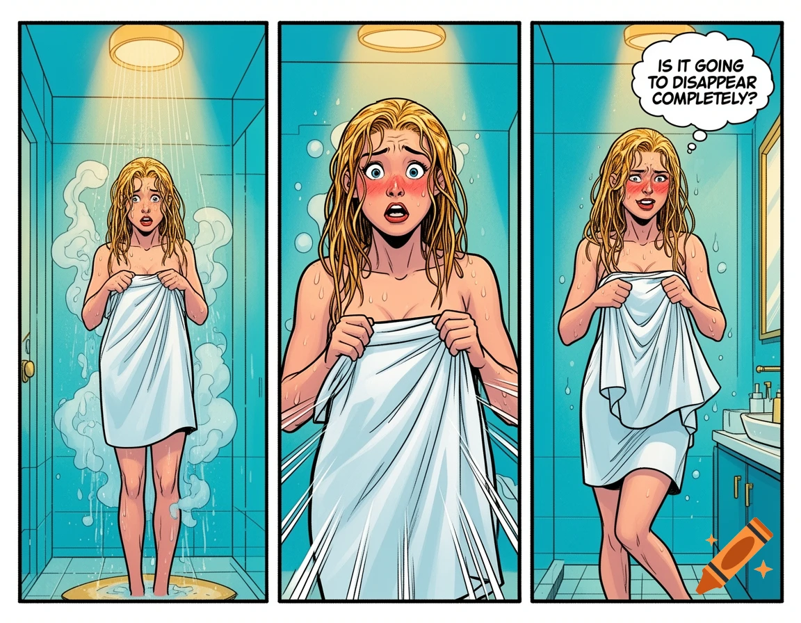 Comic art of a woman in a shrinking towel, looking distressed in a shower and bathroom, thinking, 'IS IT GOING TO DISAPPEAR COMPLETELY?'