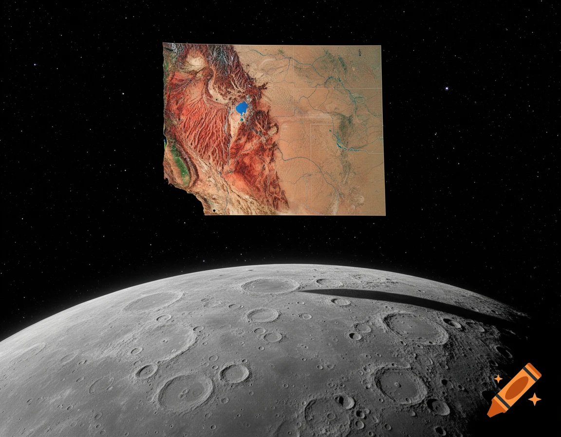 A map of Nevada with mountains and a lake floats above a gray, cratered moon-like planet with a long shadow, all against a starry black space background.