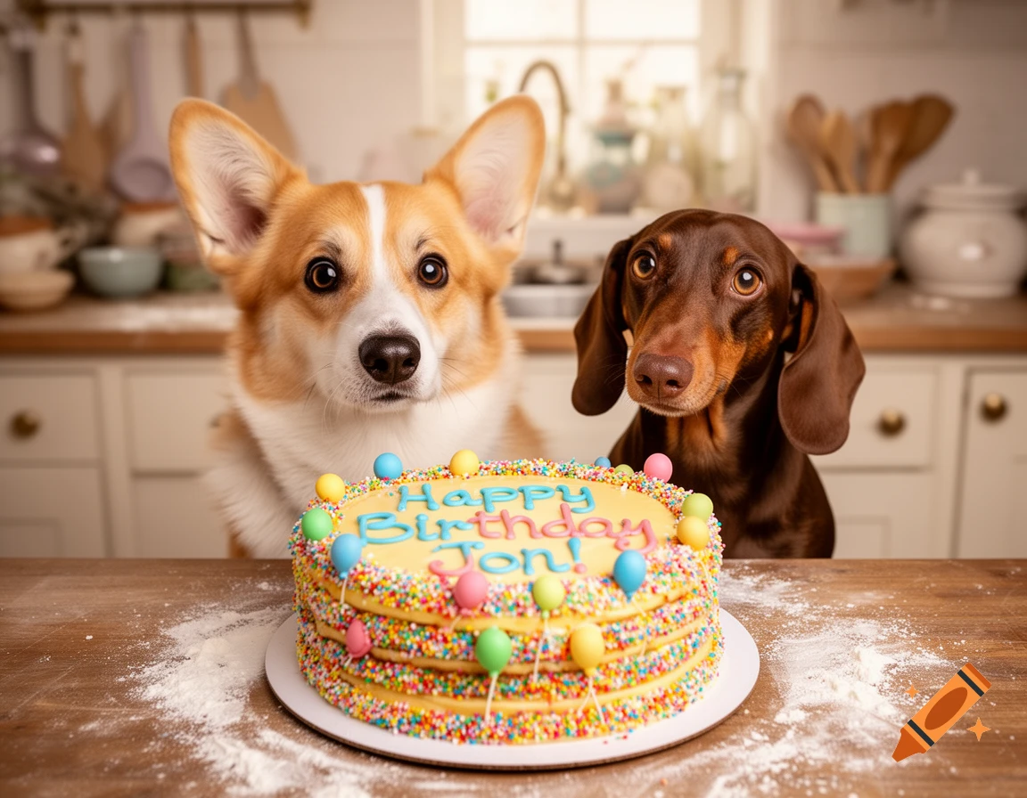 Two dogs, a corgi and a dachshund, look longingly at a birthday cake decorated with "Happy Birthday Jon!" in a kitchen.