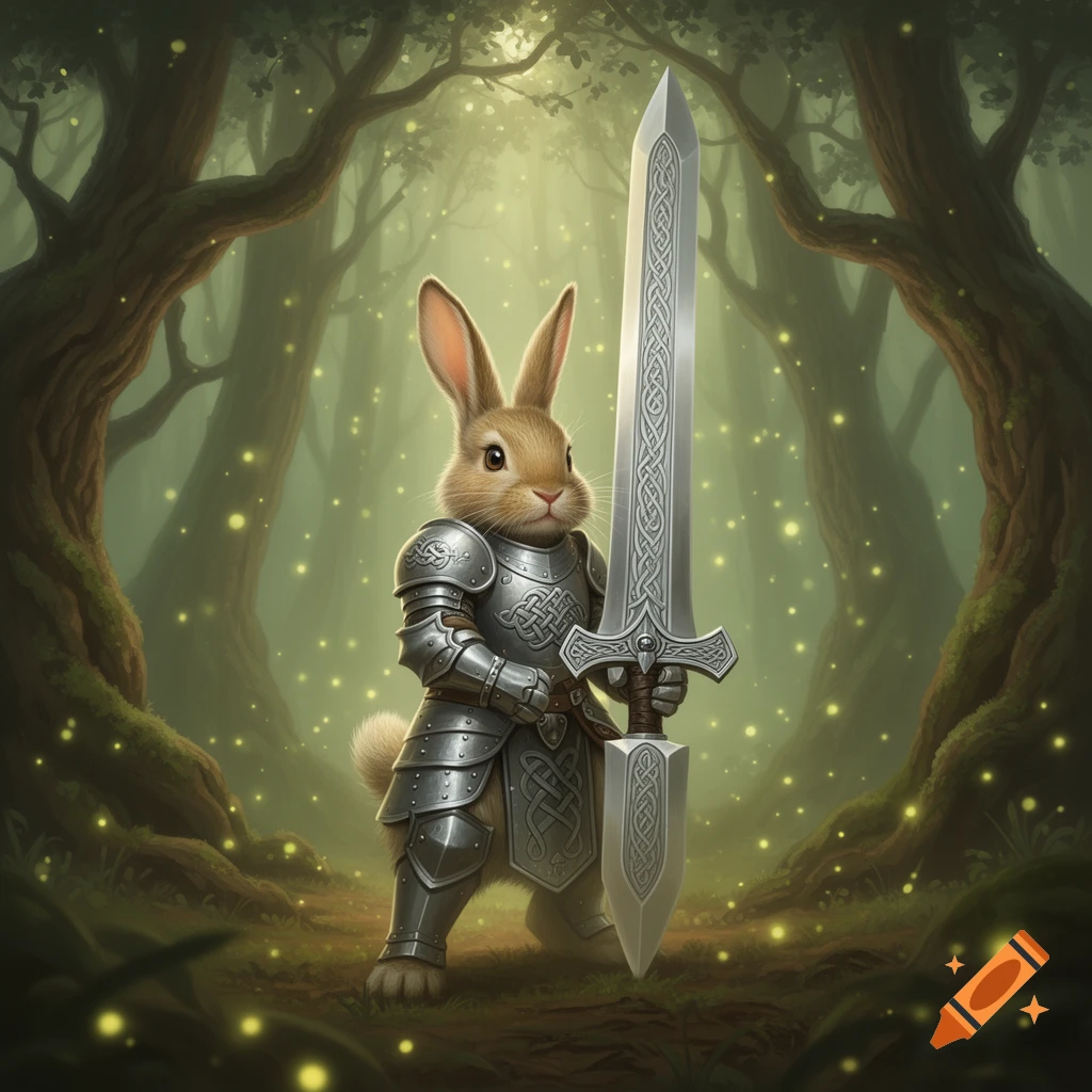 A rabbit knight in full armor holds a large sword in an enchanted, glowing forest.