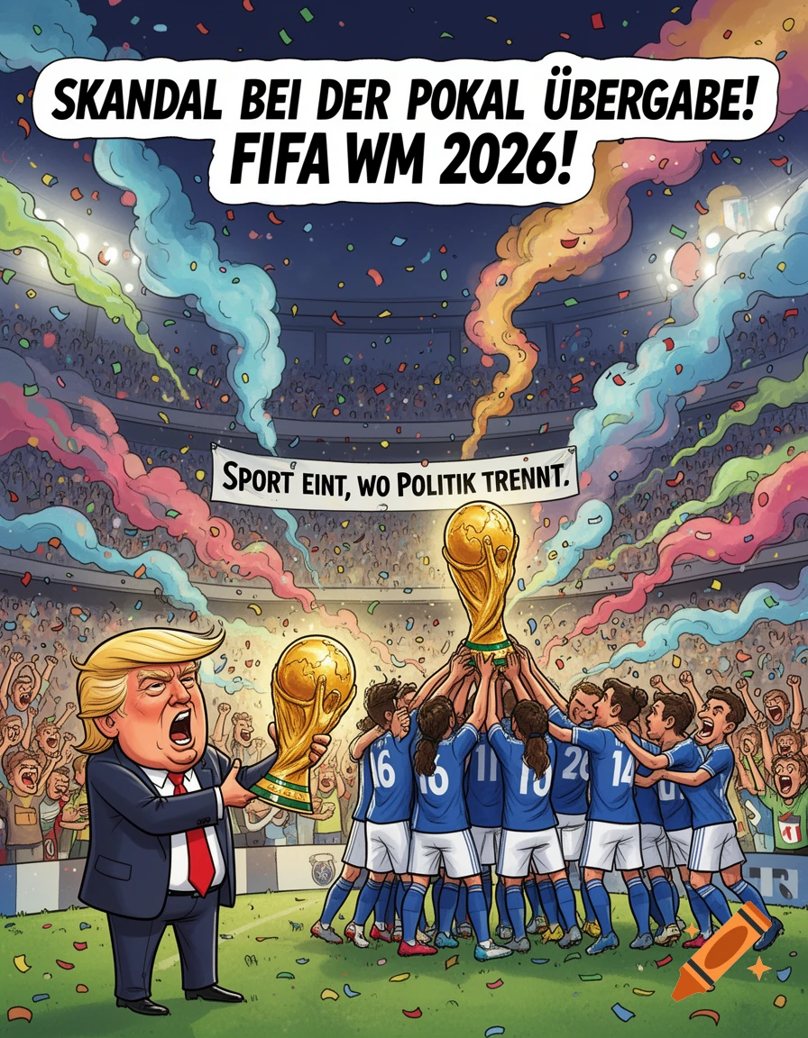 Cartoon of Donald Trump holding a small World Cup trophy while a football team celebrates a larger trophy in a chaotic stadium with confetti.