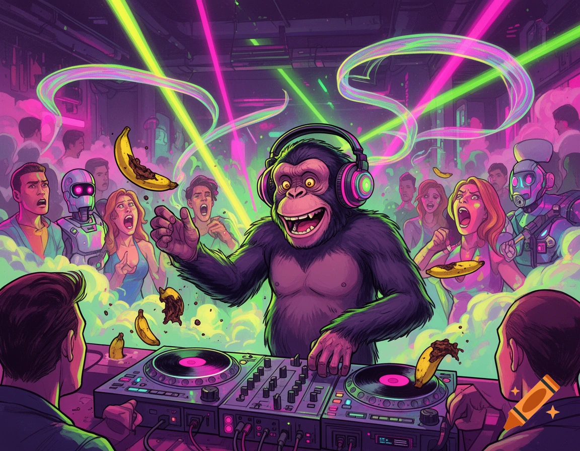 A chimpanzee DJ in a neon-lit cyberpunk nightclub throws rotten bananas at a shocked crowd, comic style.