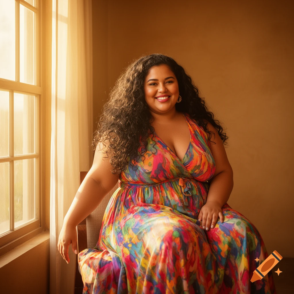 A smiling woman with long curly hair in a vibrant, colorful maxi dress sits by a window, bathed in warm sunlight.