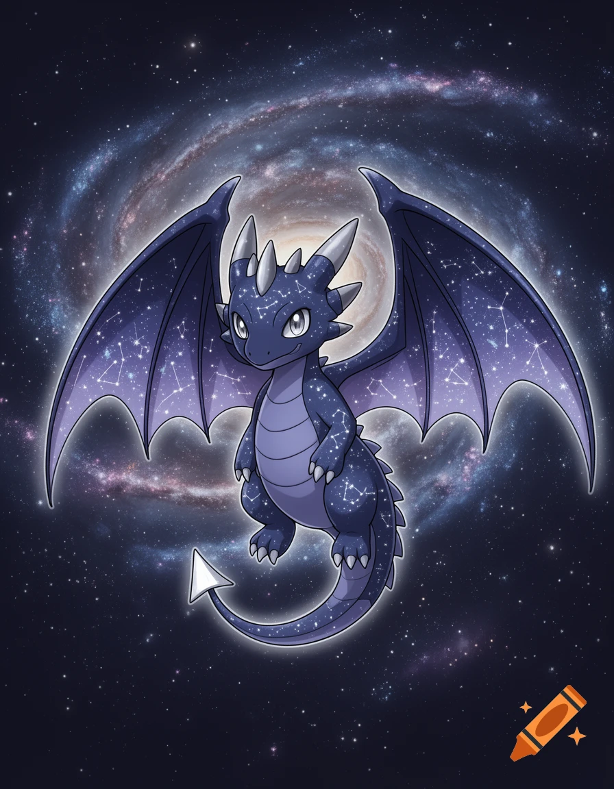 A cute chibi dragon with midnight-blue scales covered in stars and constellations, set against a swirling galaxy background.
