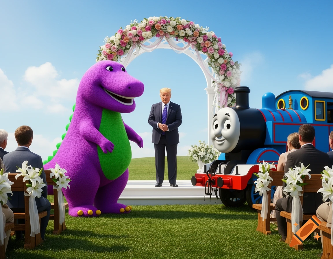 Barney the Dinosaur and Thomas the Tank Engine are at a wedding, with Donald Trump officiating, under a floral arch.