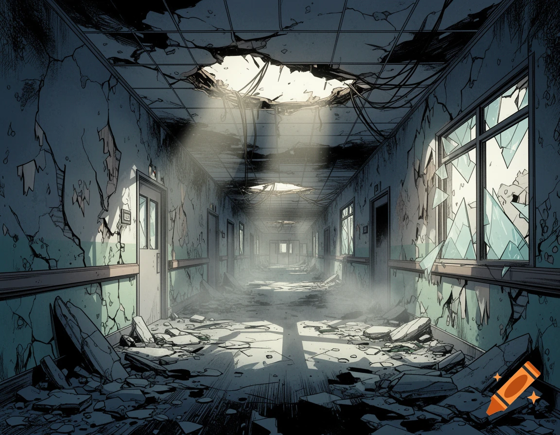 Comic book style image of a ruined hospital hallway with debris, broken walls, shattered windows, and light from above.