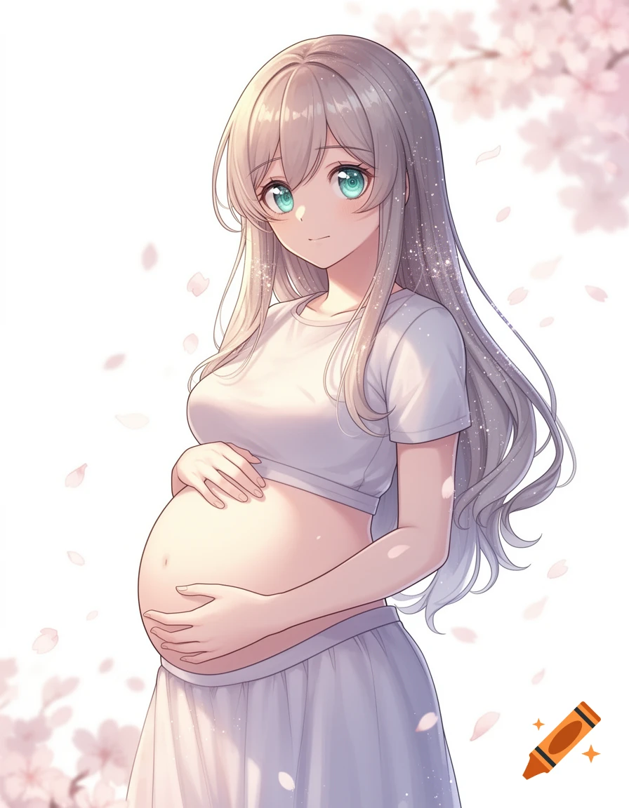 Anime woman with silver hair and green eyes, wearing a white crop top and skirt, cradling her pregnant belly amidst falling cherry blossoms.