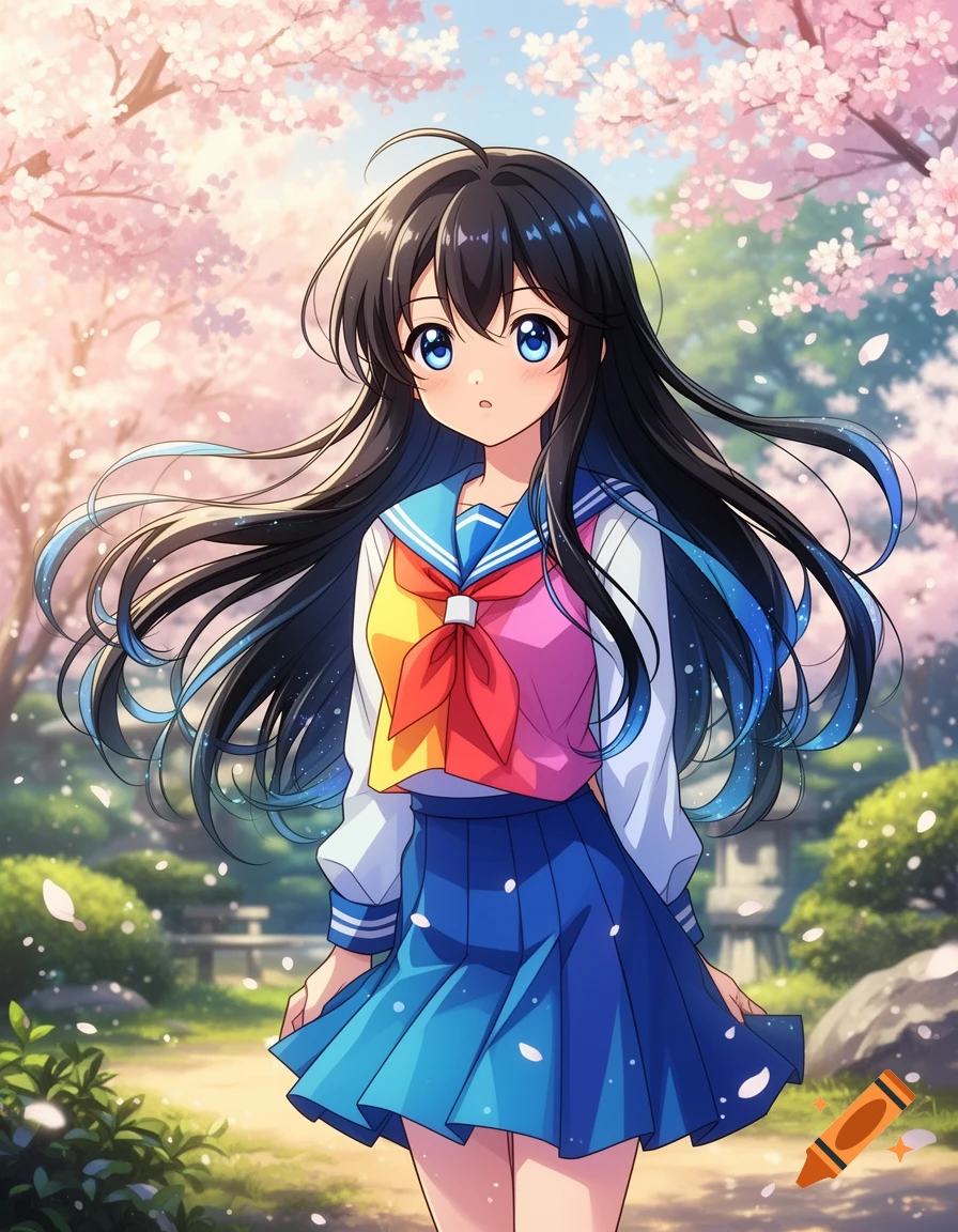 An anime girl with long black hair and blue eyes, wearing a colorful school uniform, stands among pink cherry blossom trees.