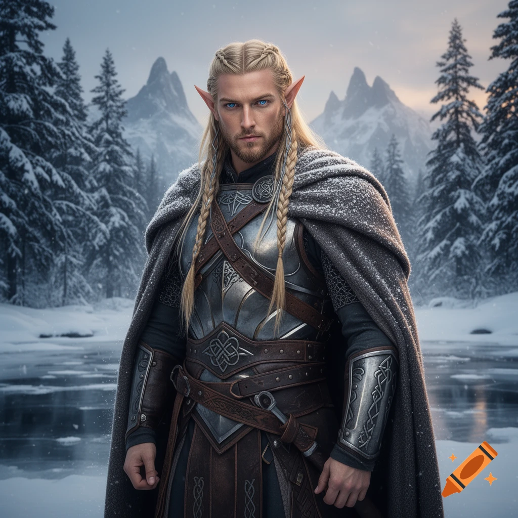 A photorealistic portrait of a blonde male elf with blue eyes and braided hair, wearing detailed armor and a snow-dusted cloak, standing in a snowy mountain landscape.