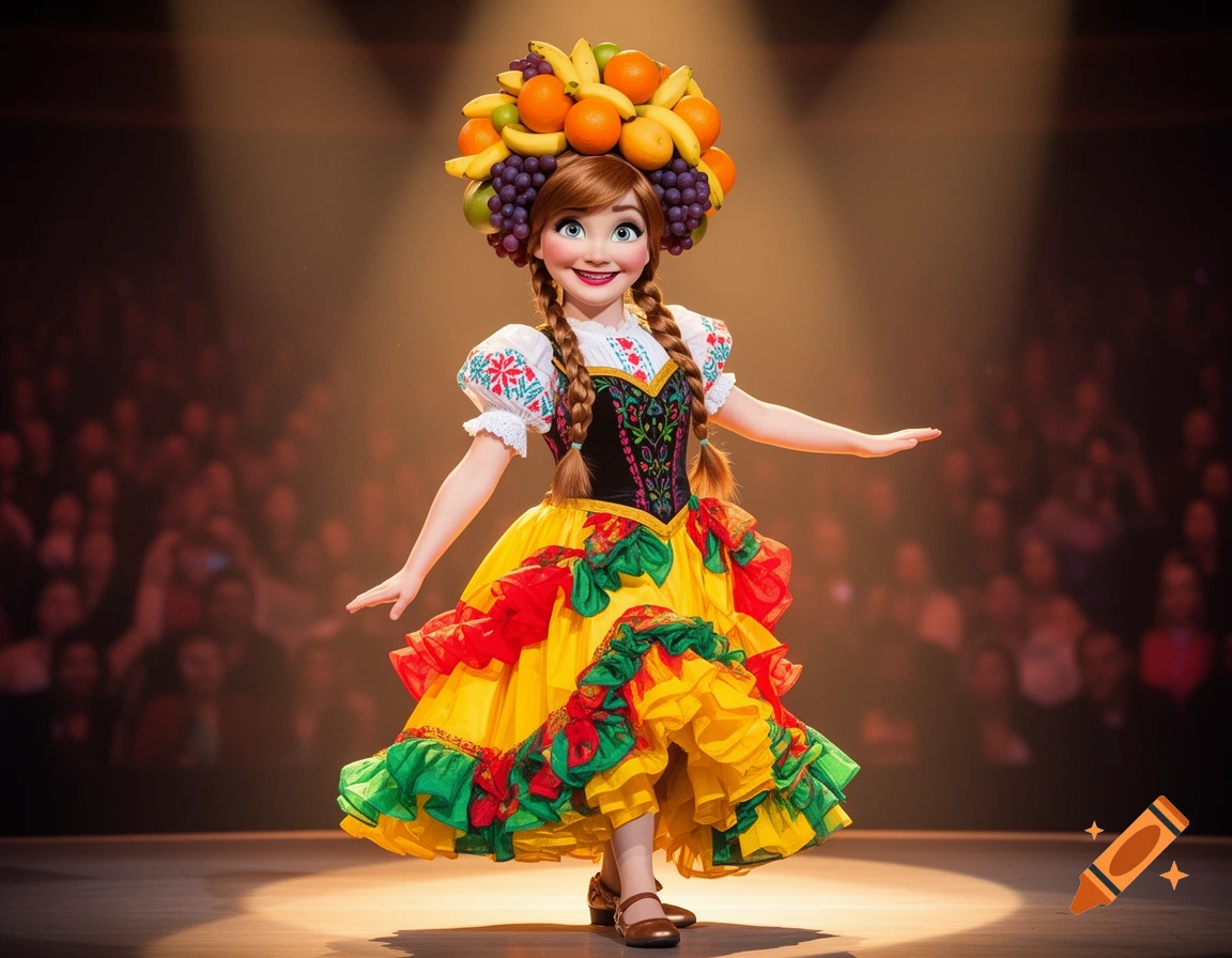 Anna from Frozen as Carmen Miranda, wearing a vibrant ruffled dress and a large fruit hat, posing on a stage.