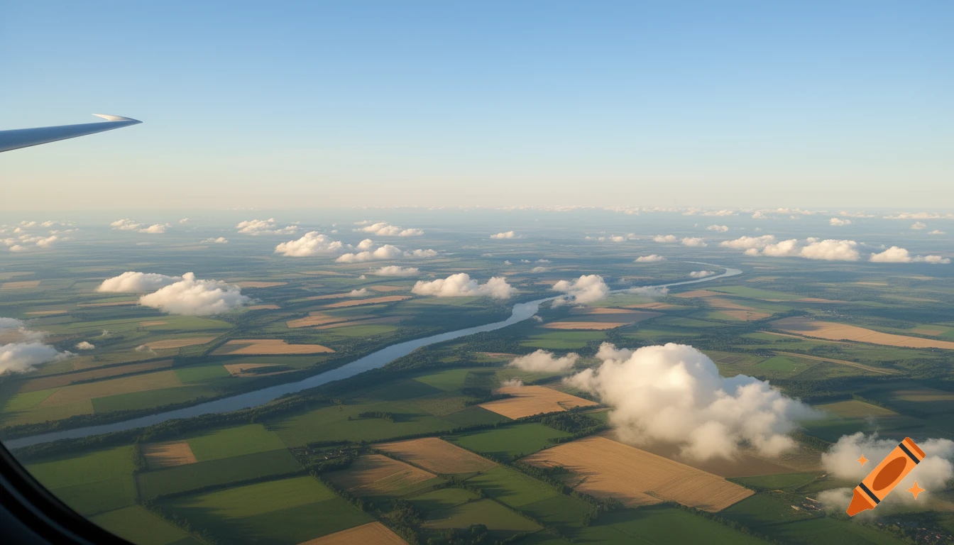 Aerial view from an airplane window showing a winding river through patchwork fields and scattered white clouds under a clear sky.