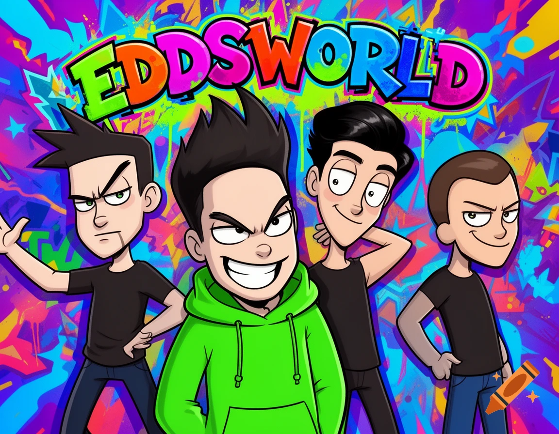 Four male cartoon characters, one in a green hoodie, posing against a vibrant graffiti background with "EDDSWORLD" text.