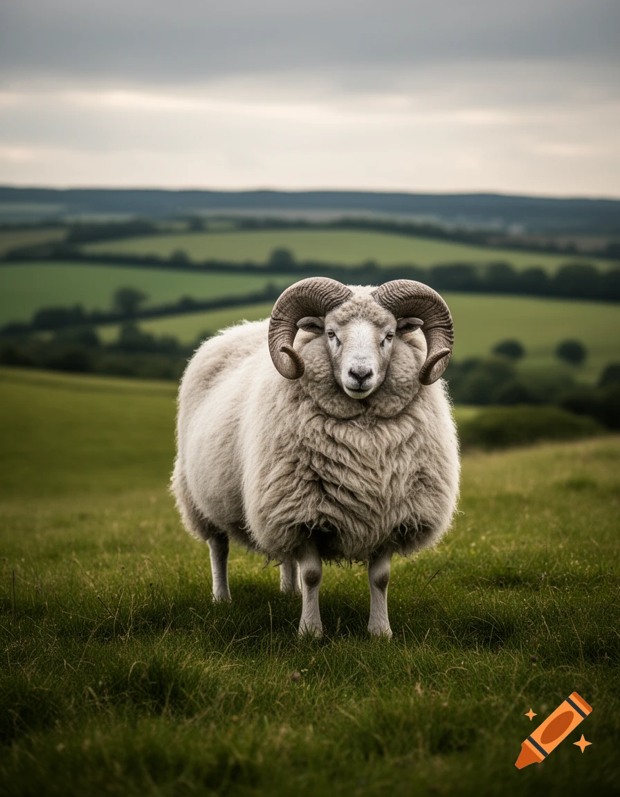 A large, shaggy white ram with prominent curved horns stands in a green pasture under a cloudy sky.