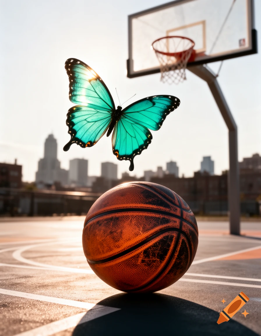 A vibrant teal butterfly hovers over a textured basketball on an outdoor court, with a hoop and city skyline in the background, bathed in sunlight.