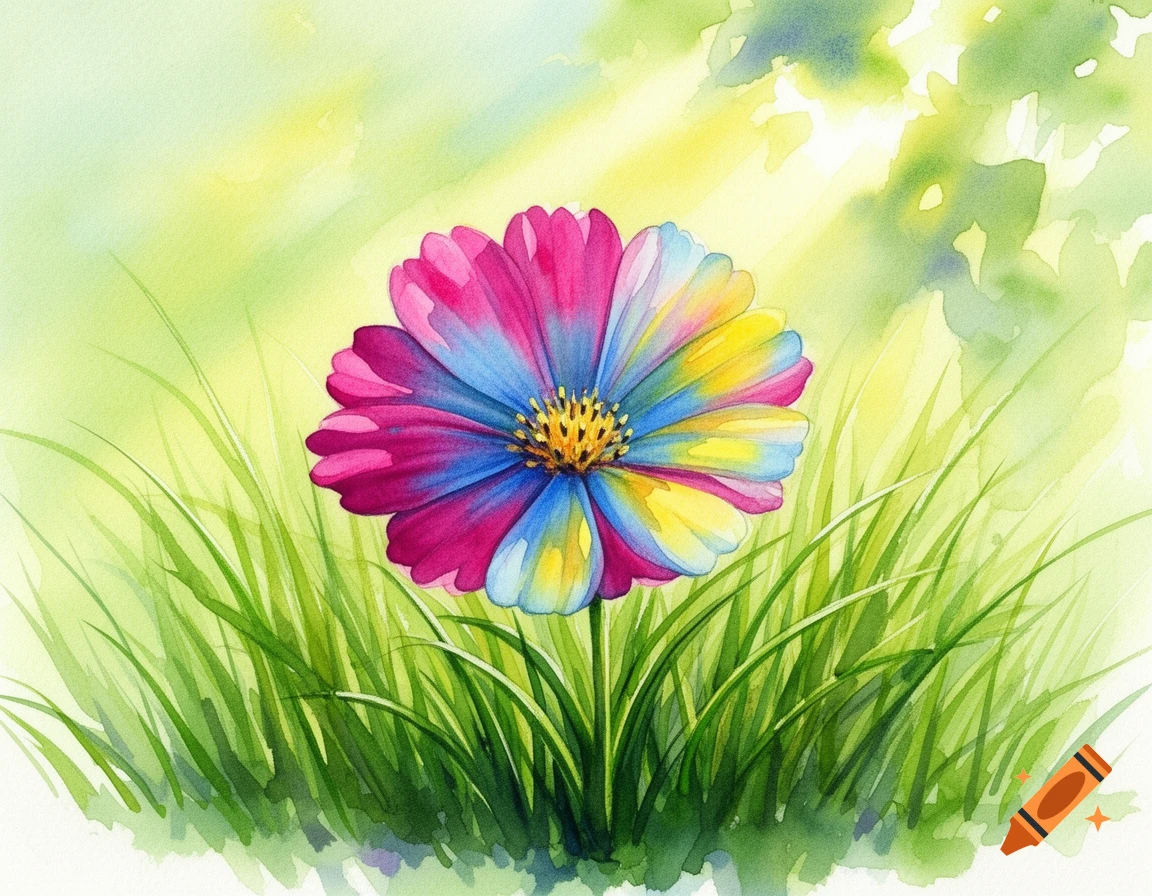 Vibrant watercolor flower with pink, blue, and yellow petals growing in green grass under dappled sunlight.