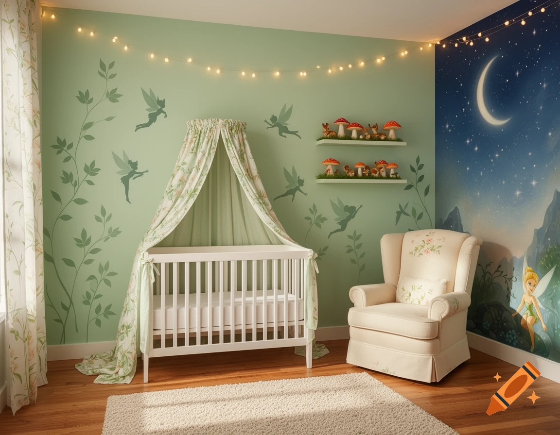 A fairy-themed nursery with light green walls, white crib, cream armchair, and a dark blue mural of a moonlit sky with Tinkerbell.