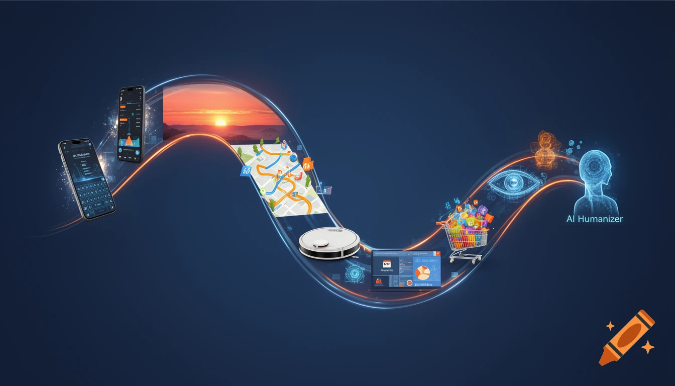 A wavy, glowing line connects various technological concepts: smartphones, a sunrise, a navigation map, a robot vacuum, an online shop, a presentation, and AI-related digital human figures.