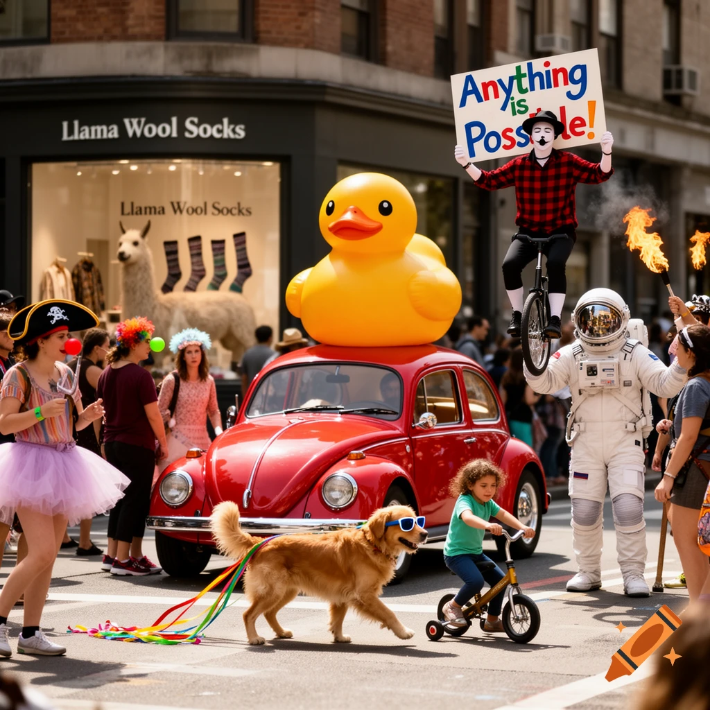 A crowded street parade with a person in a pirate costume, an astronaut, a unicyclist holding a sign, a red car with a giant rubber duck, and a dog with rainbow ribbons.
