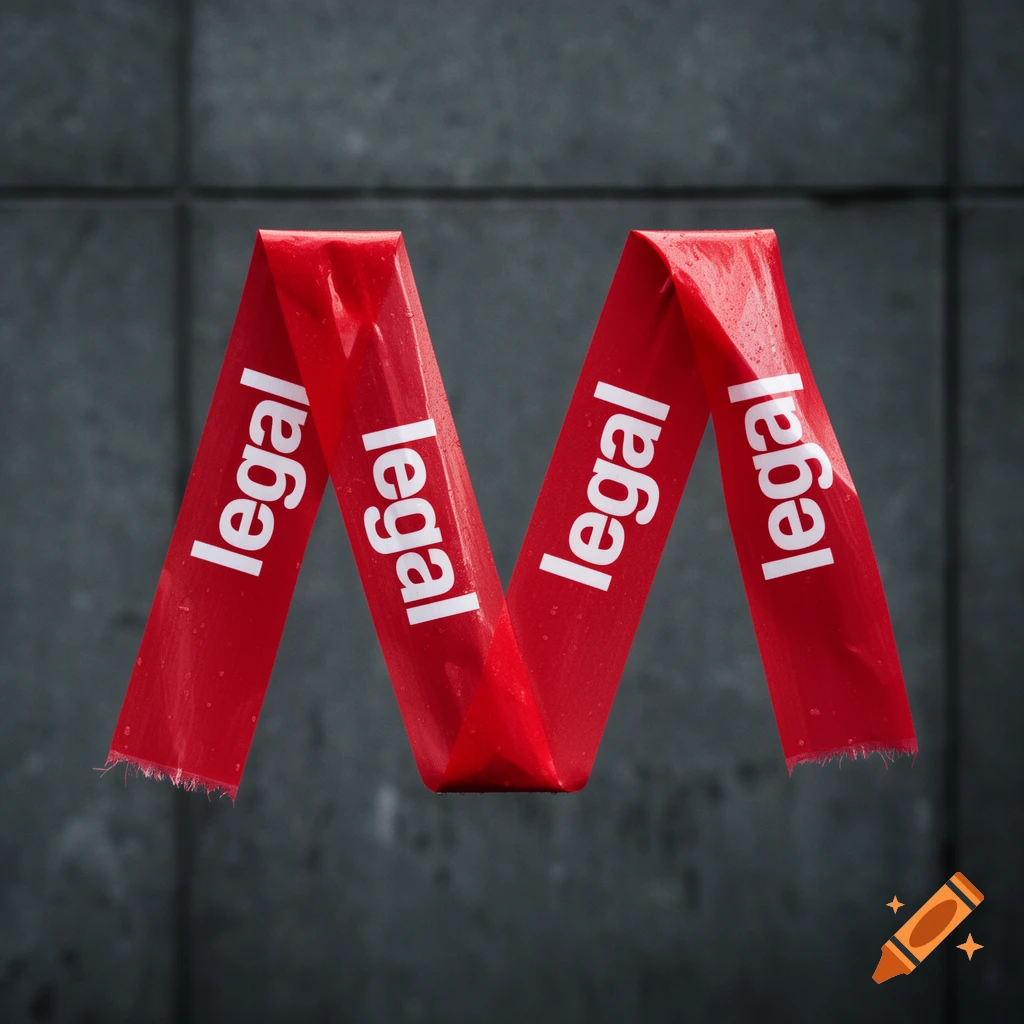 Red tape with the word "legal" written repeatedly, folded into the shape of the letter 'M', against a dark gray tiled background.
