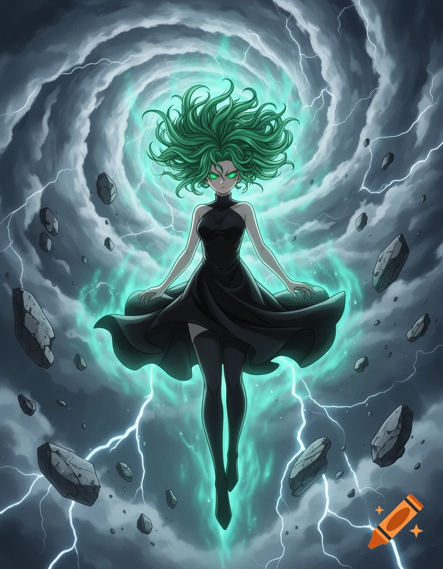 Anime woman with green hair and glowing eyes floats in a swirling storm with lightning and rocks.