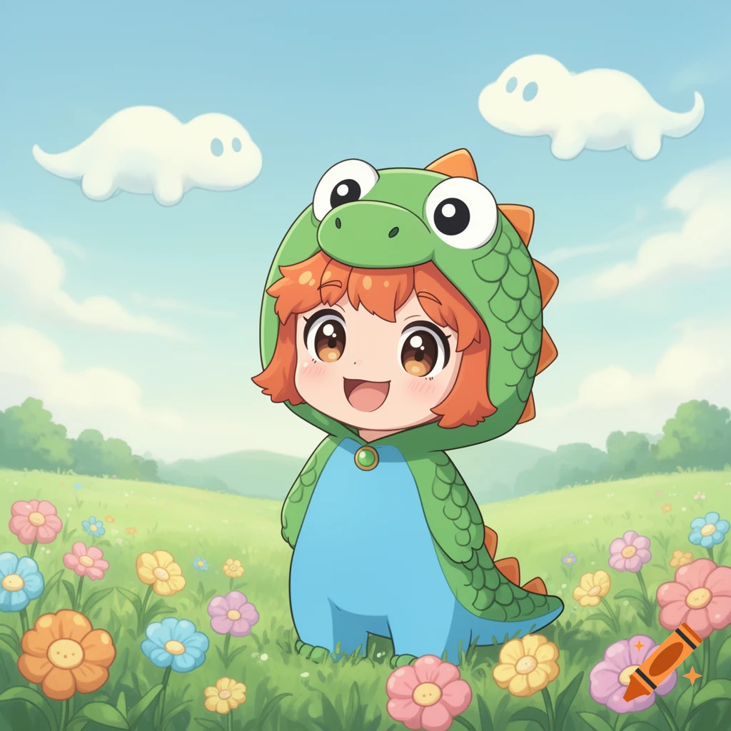 A happy anime chibi girl in a green dinosaur costume stands in a field of colorful flowers under a blue sky.
