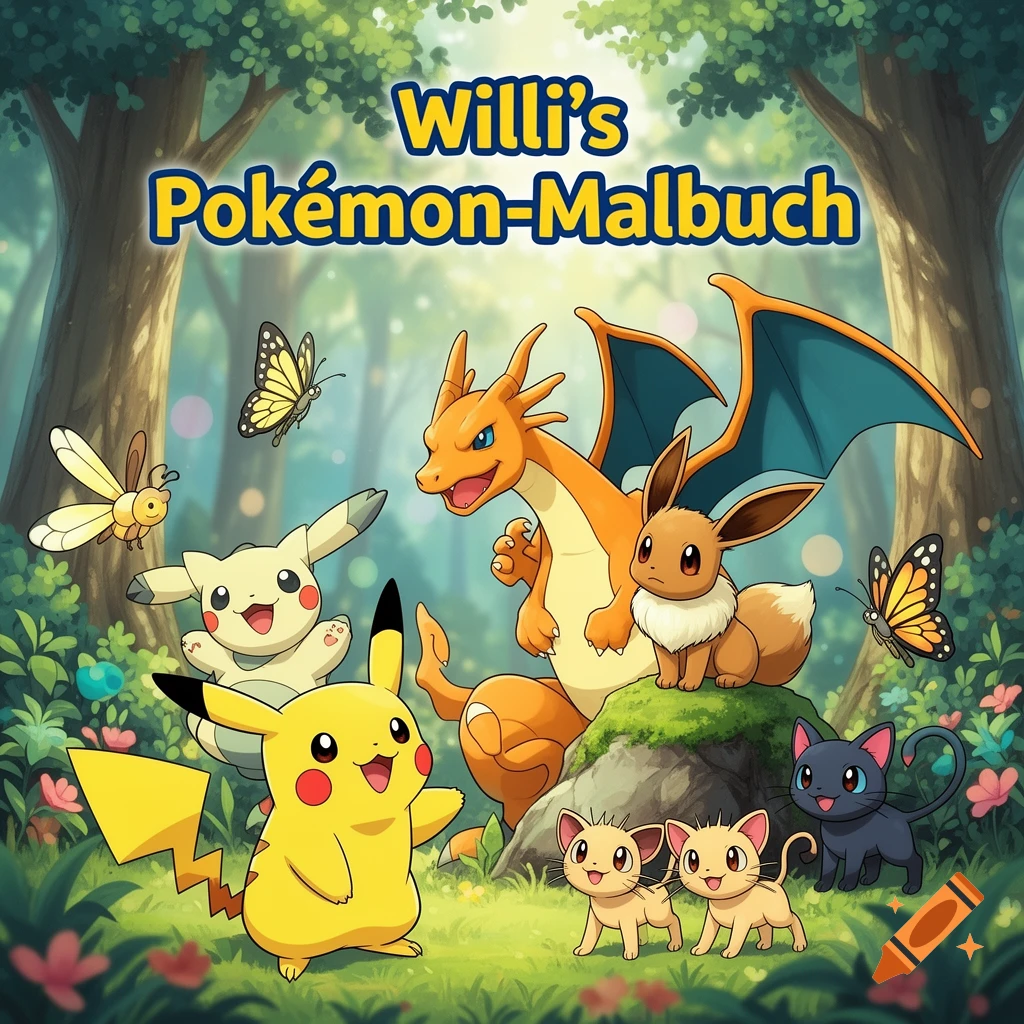 A colorful cartoon image featuring various Pokémon characters including Pikachu, Charizard, and Eevee, in a lush green forest with butterflies, under the title "Willi's Pokémon-Malbuch".