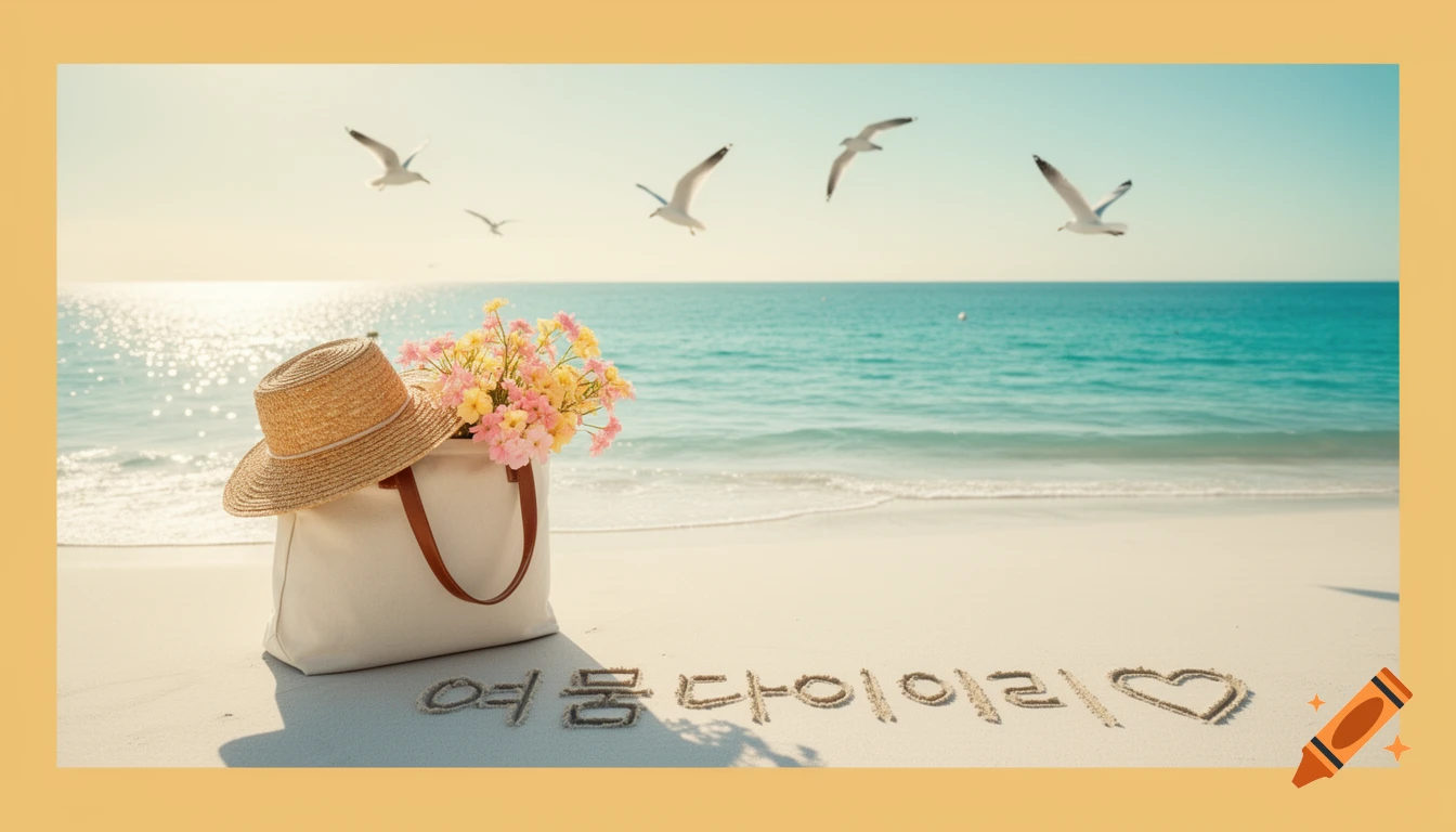 A straw hat, a bag of flowers, and "summer diary" text in the sand on a sunlit beach with seagulls flying over the ocean.
