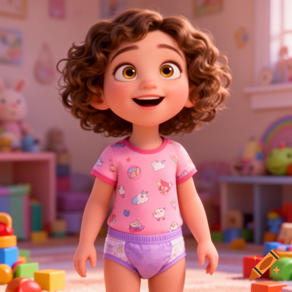 A happy Pixar-style cartoon girl with curly brown hair and hazel eyes, in a pink t-shirt and purple pull-ups, in a playroom.