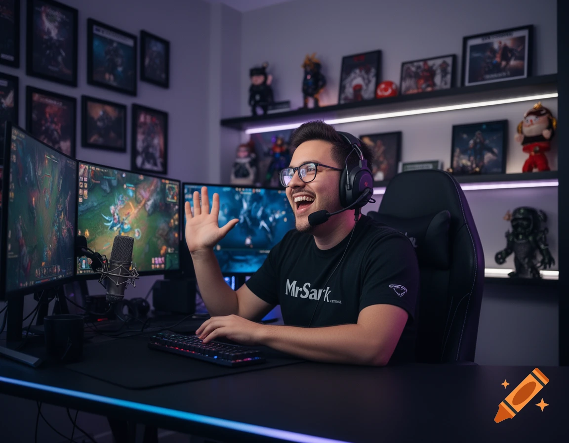 A man with headphones and glasses smiles and waves while sitting at a multi-monitor gaming setup.
