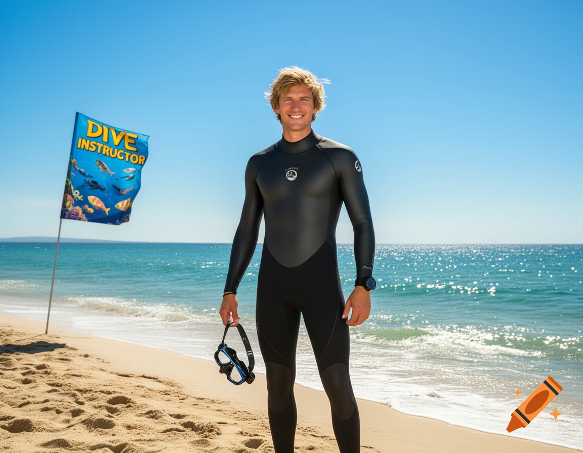 A man in a black wetsuit stands on a sandy beach next to a 'DIVE INSTRUCTOR' flag, with the ocean in the background.