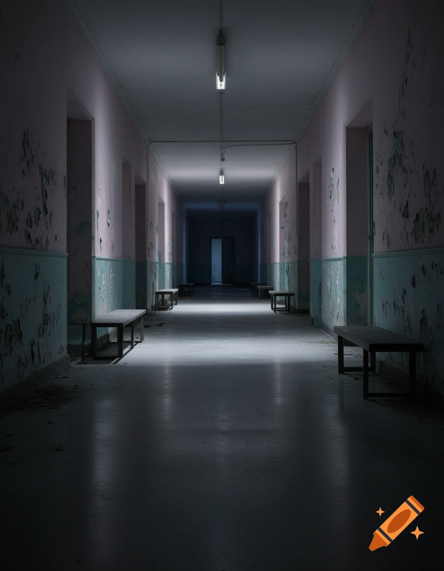 A long, dark, abandoned hallway with peeling walls, benches, and overhead lights, leading to a distant door.
