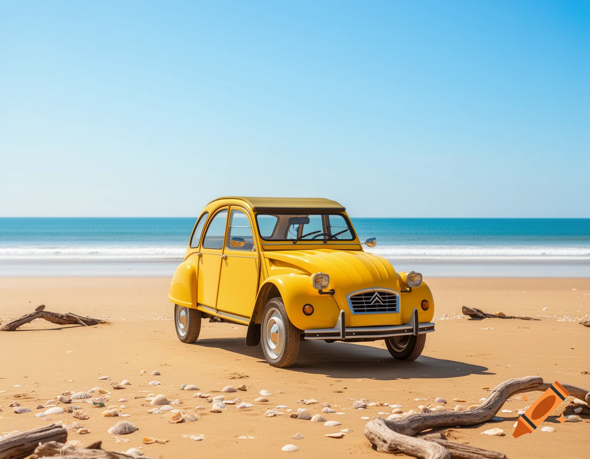 A bright yellow vintage Citroën 2CV car parked on a sandy beach filled with shells and driftwood, with a clear blue ocean and sky.