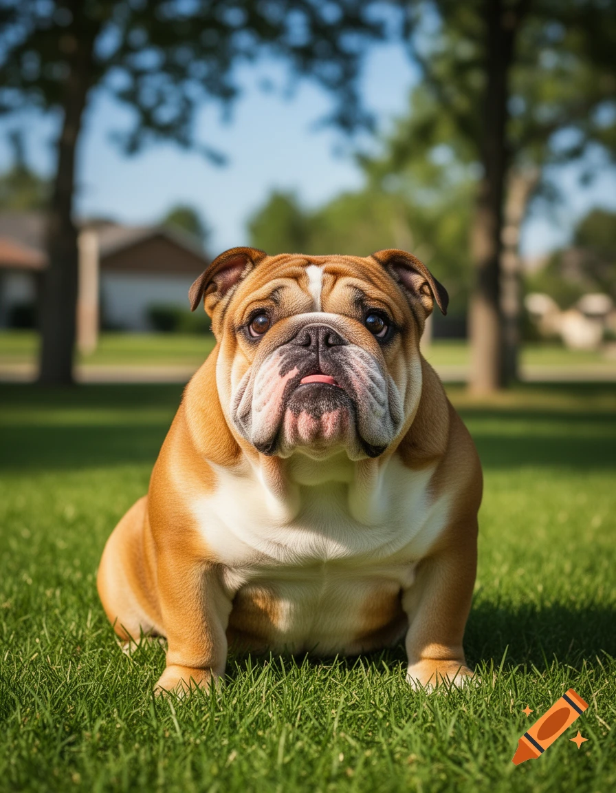 A cute light brown and white bulldog sits on green grass, looking forward with its tongue slightly out, against a blurred background of trees and a house. Photorealistic.