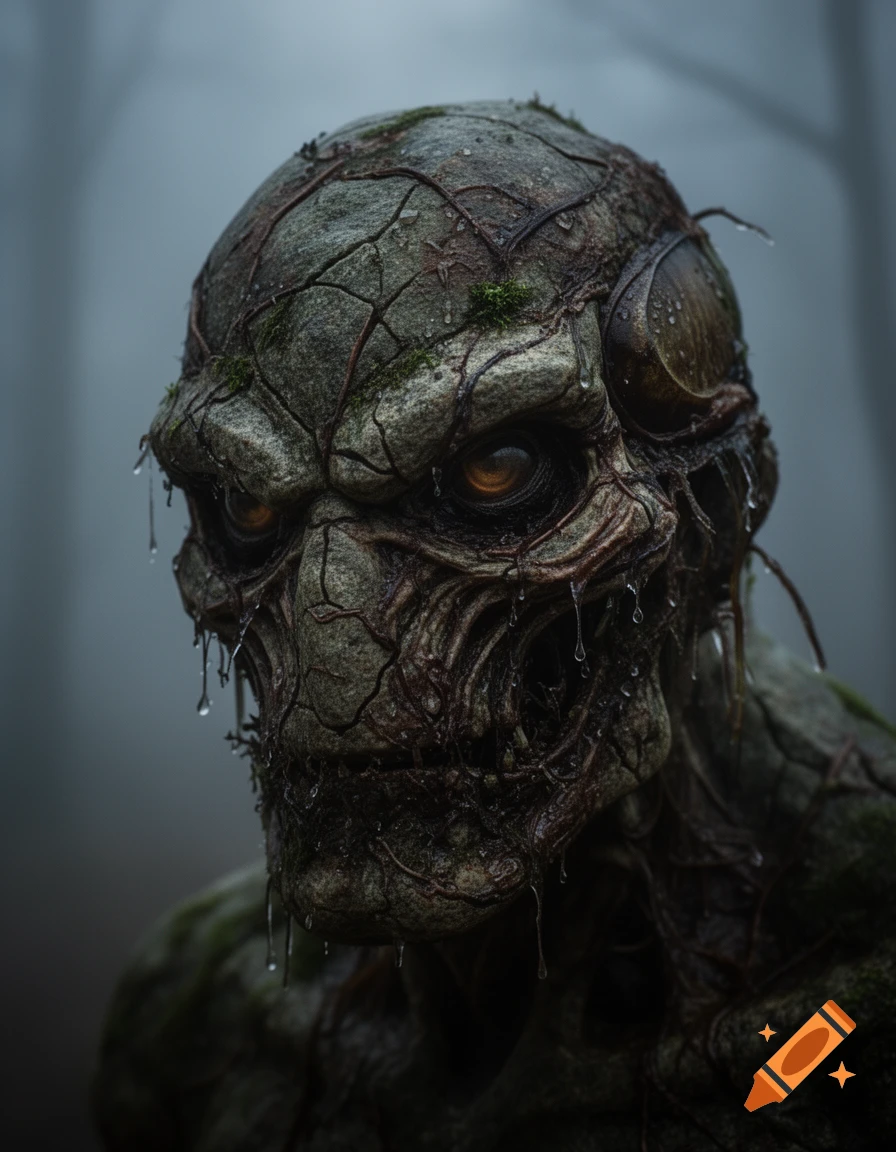 Close-up of a terrifying, moss-covered golem-beetle monster with cracked skin, glowing orange eyes, dripping water, and dark roots.