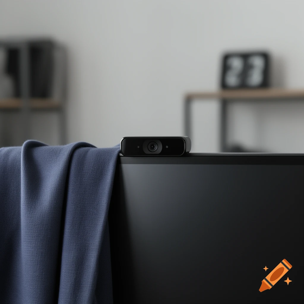 A black webcam rests on a monitor, a blue knitted blanket draped over the side, in a softly lit room with a blurred background.
