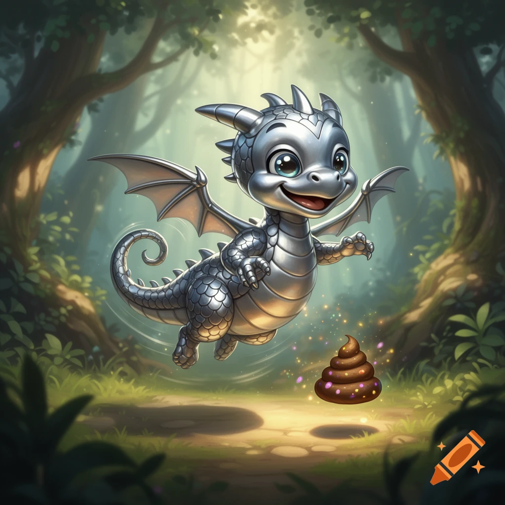 A cute, metallic cartoon baby dragon flying next to a pile of chocolate sprinkles in a sunlit forest.