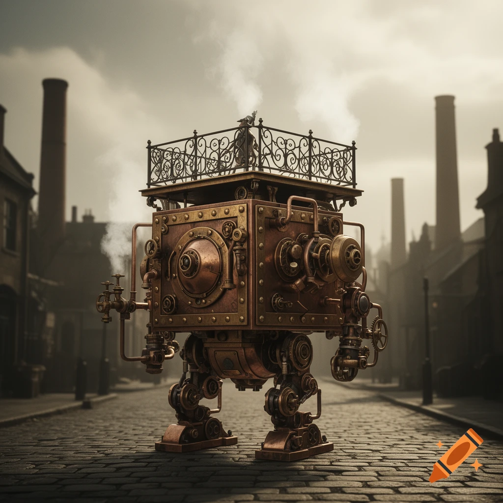 A detailed square steampunk mech with a standing platform on top stands on a cobblestone street in a smoke-filled industrial cityscape.
