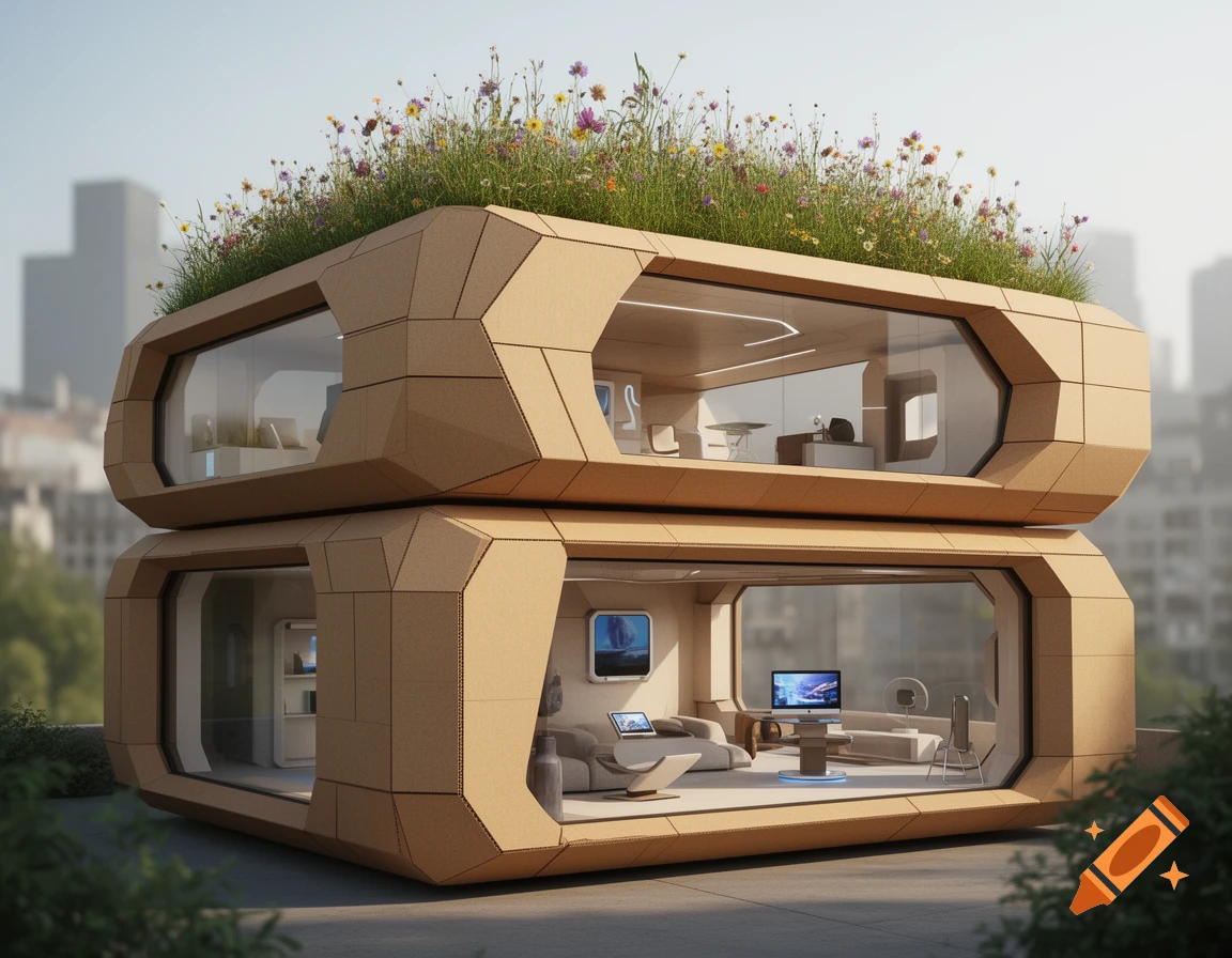 A modern, modular two-story house made of cardboard, with large windows and a green roof covered in wildflowers, set against a city skyline.