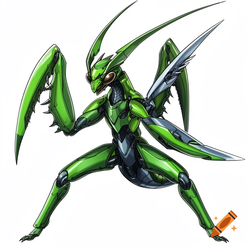 A green anime-style robotic mantis in an aggressive fighting stance on a white background.