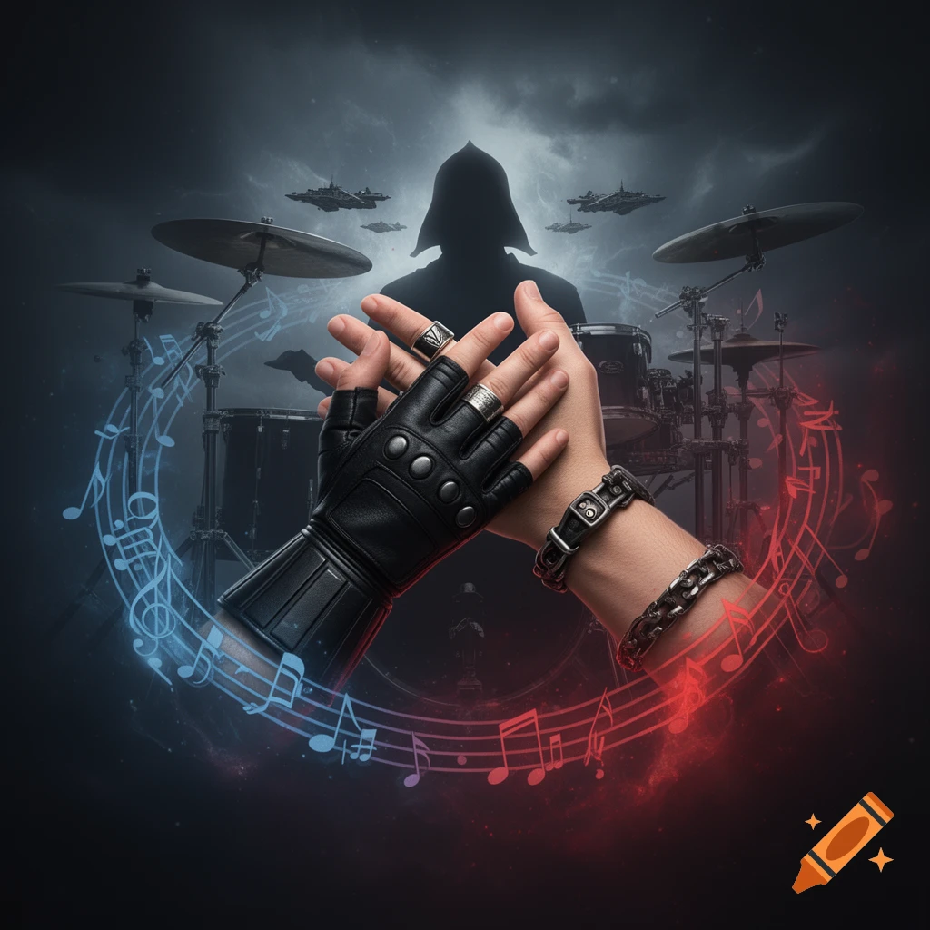 Two hands, one gloved, emerge from a swirl of red and blue musical notes, with a Darth Vader silhouette, drums, and starships in the dark background.