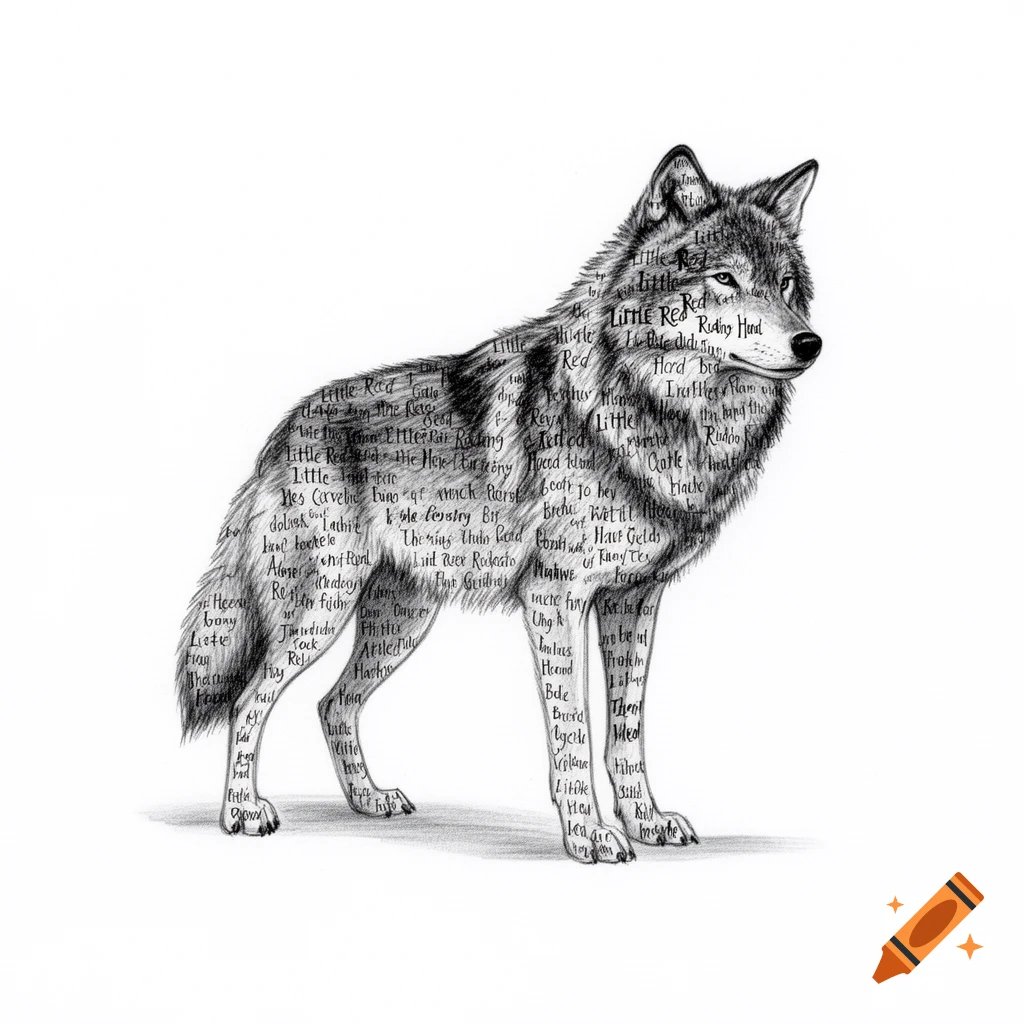 Black and white illustration of a wolf composed of text from the Little Red Riding Hood story, drawn in a hand-sketched style.