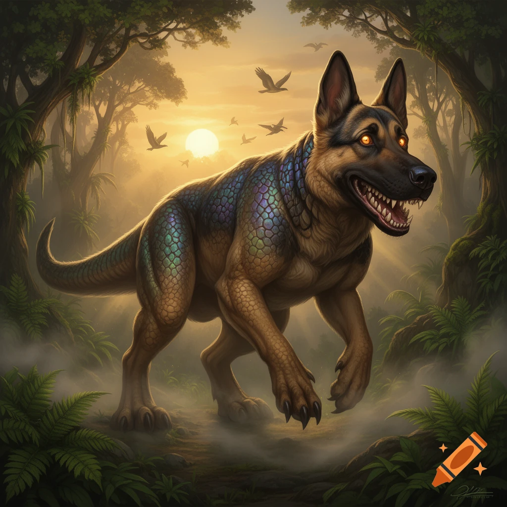 A German Shepherd-T-Rex hybrid with iridescent scales and glowing eyes walks through a misty jungle at sunset.