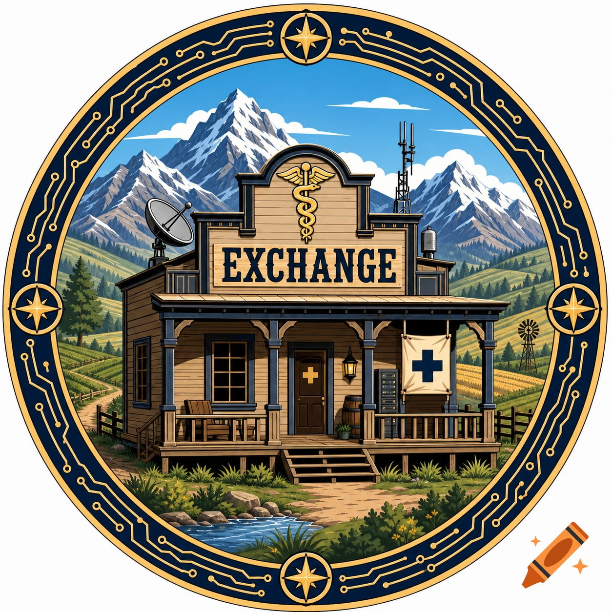 Circular badge logo of a western 'EXCHANGE' building with a caduceus, satellite dish, mountains, and farm fields, bordered by circuit lines.